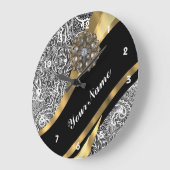 白黒フローラダマスクパターン ラージ壁時計 (傾斜)