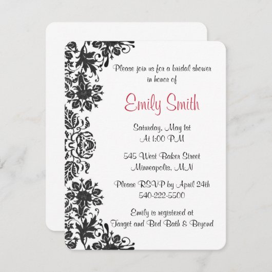 白黒フローラダマスクブライダルシャワー 招待状 (正面/裏面)