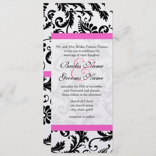 白黒フローラダマスク渦巻結婚き 招待状 (正面/裏面)