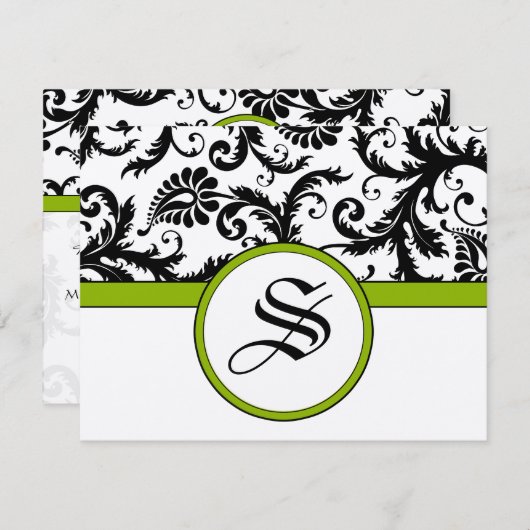 白黒フローラダマスク結婚式 出欠カード (正面/裏面)