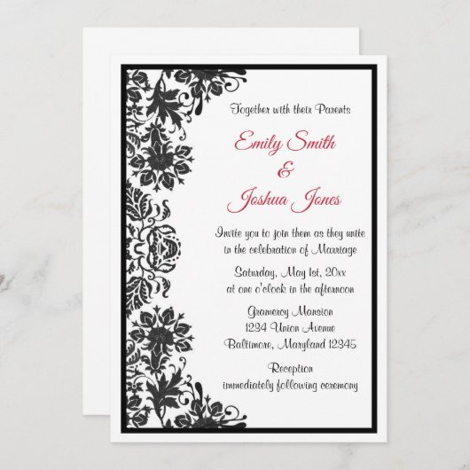 白黒フローラダマスク結婚式 招待状 (正面/裏面)