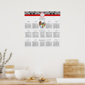 白黒フローラダマスク赤トリムフォト ポスター (キッチン)