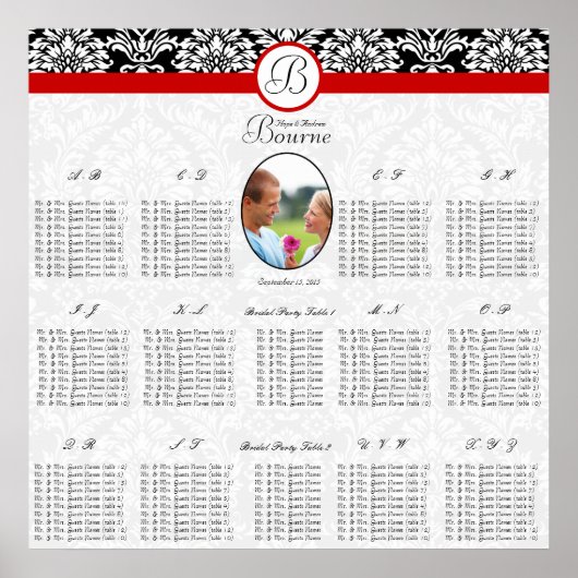 白黒フローラダマスク赤トリムフォト ポスター (正面)