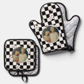 白黒フローラチェス盤のカスタム写真 鍋つかみ&鍋敷きセット (正面/裏面)