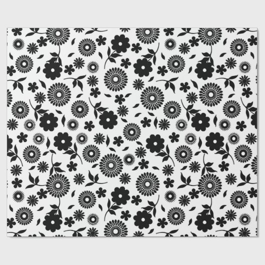 白黒フローラデイジーのシームレスなパターン ラッピングペーパー (フラット)