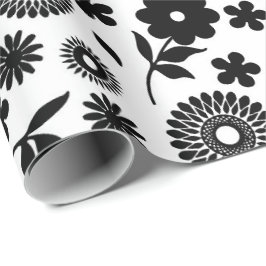 白黒フローラデイジーのシームレスなパターン ラッピングペーパー