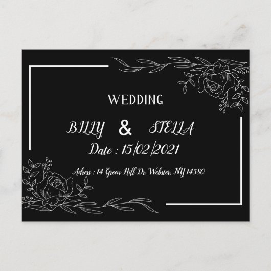 白黒フローラデザイン結婚for 案内ポストカード (正面)