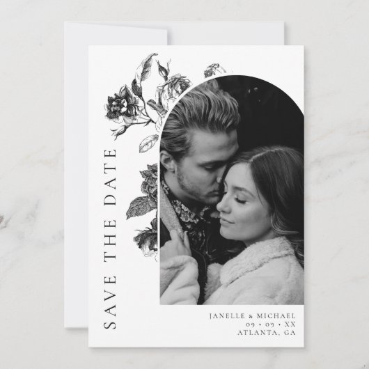 白黒フローラトイレアーチフォト結婚ズ セーブザデート (正面)