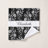 白黒フローラバラパターン名プリント バスタオルセット (ウォッシュタオル)