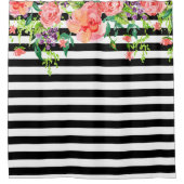 白黒フローラバラ水彩画ストライプ像 シャワーカーテン (正面)