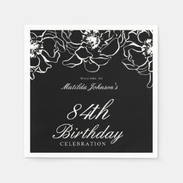 白黒フローラバースデーパーティーペーパーナプキン スタンダードカクテルナプキン