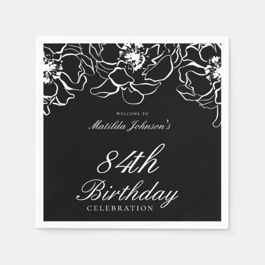 白黒フローラバースデーパーティーペーパーナプキン スタンダードカクテルナプキン (正面)