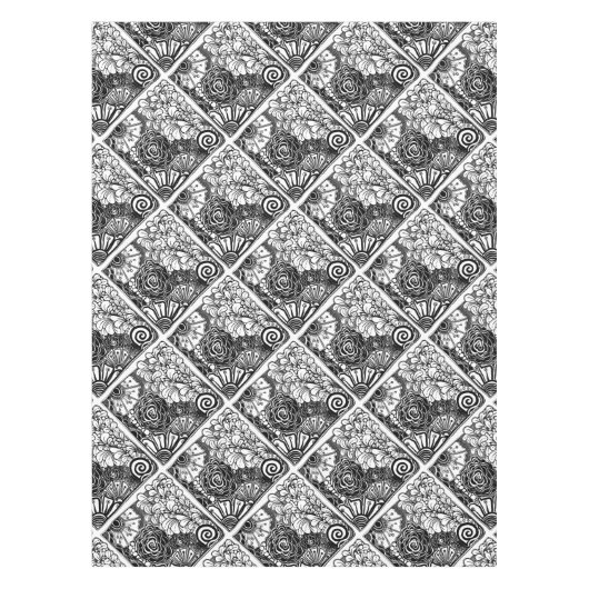 白黒フローラパターン(の模様が)あるスケッチ テーブルクロス (正面)