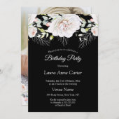 白黒フローラフォト誕生日パーティー 招待状 (正面/裏面)