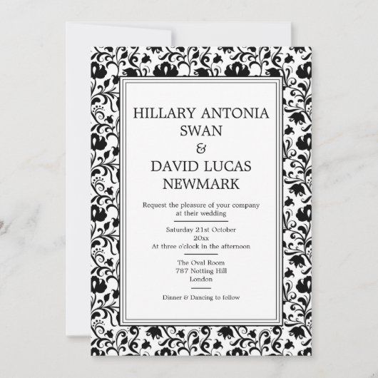 白黒フローラフレーム結婚式招待状 招待状 (正面)