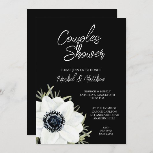 白黒フローラブライダルシャワー招待状 (正面/裏面)