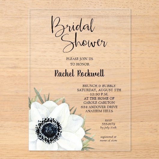 白黒フローラブライダルシャワー アクリル招待状 (正面)