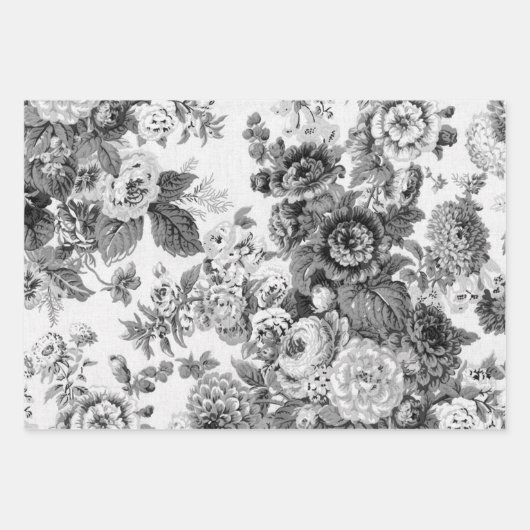 白黒フローラプニーズダリアスアスターバラ ラッピングペーパーシート (正面)