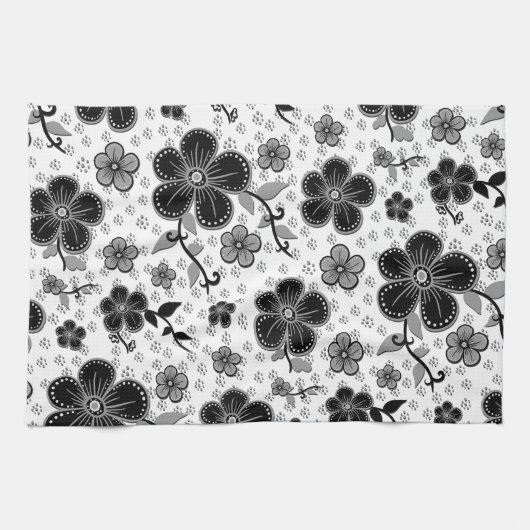 白黒フローラプリント キッチンタオル (横)