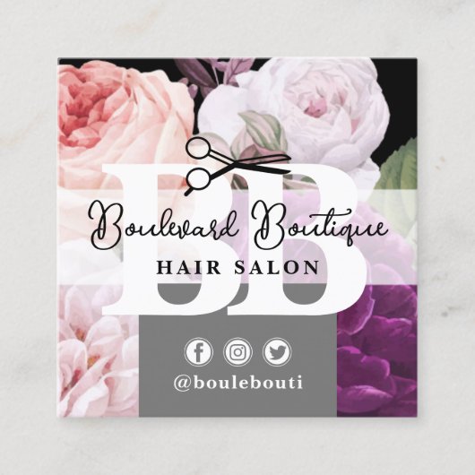 白黒フローラヘアサロンスタイリストQRコード スクエア名刺 (正面)