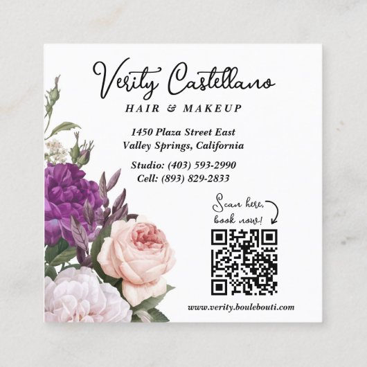 白黒フローラヘアサロンスタイリストQRコード スクエア名刺 (裏面)