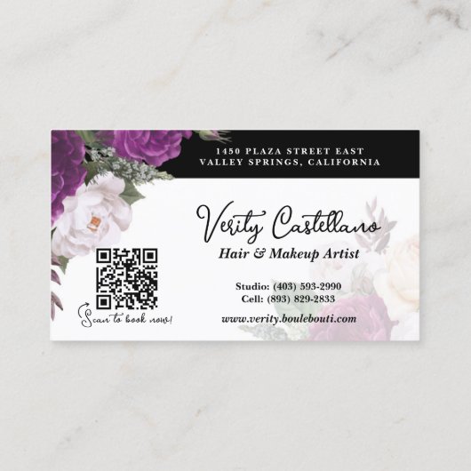 白黒フローラヘアサロンスタイリストQRコード 名刺 (裏面)