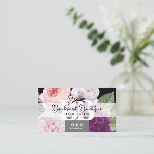 白黒フローラヘアサロンスタイリストQRコード 名刺 (スタンド正面)