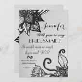 白黒フローラモダンのスケッチパターン 招待状 (正面/裏面)