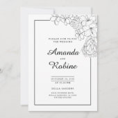 白黒フローラモダンシンプル結婚の 招待状 (正面)