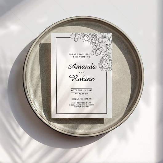 白黒フローラモダンシンプル結婚の 招待状