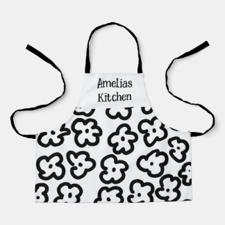 白黒フローラモダン抽象芸術 エプロン