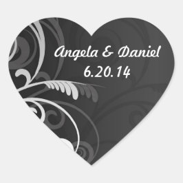 白黒フローラモダン日付を保存結婚する ハートシール