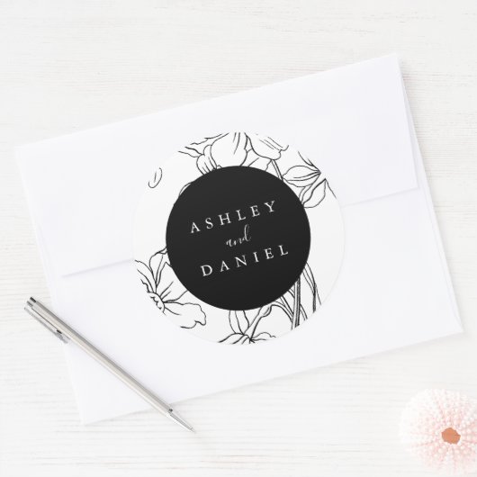白黒フローラモダン結婚式の引き出物 ラウンドシール (封筒)