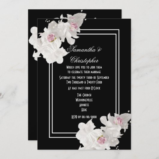 白黒フローラモダン結婚束 招待状 (正面/裏面)