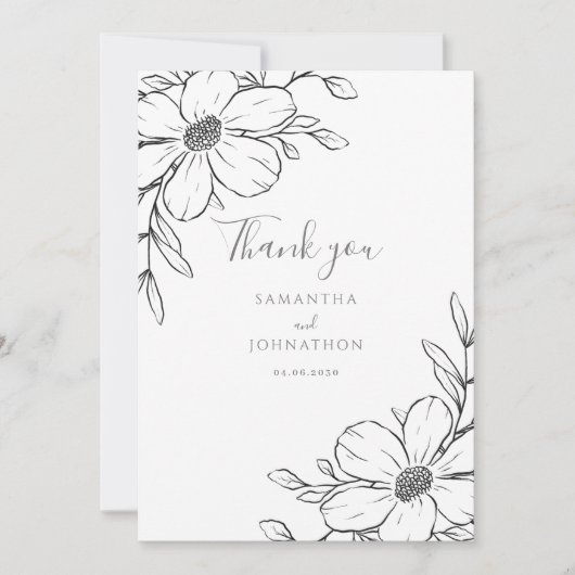 白黒フローラライン結婚スケッチ サンキューカード (正面)