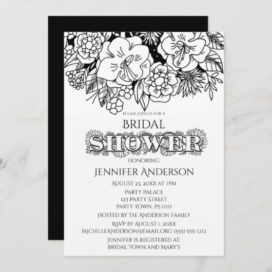 白黒フローラリリーデイジーブライダルシャワー 招待状 (正面/裏面)
