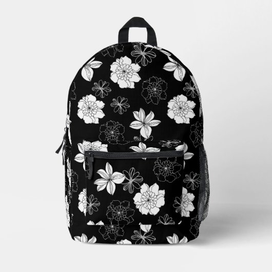 白黒フローラルパターン プリントバックパック (正面)