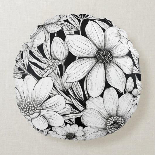 白黒フローラルパターン ラウンドクッション (正面)