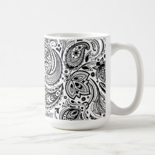 白黒フローラルペイズリーデザイン コーヒーマグカップ