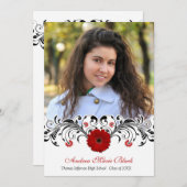 白黒フローラレッドデイジー卒業招待状 招待状 (正面/裏面)