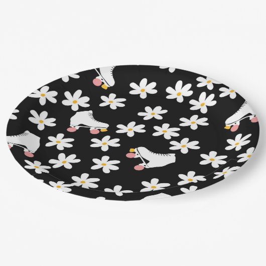 白黒フローラローラスケートで滑る誕生日 ペーパープレート (アングル)