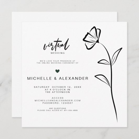 白黒フローラ仮想結婚式招待状 招待状 (正面/裏面)