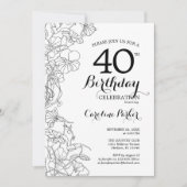 白黒フローラ写真40歳の誕生日パーティー 招待状 (正面)
