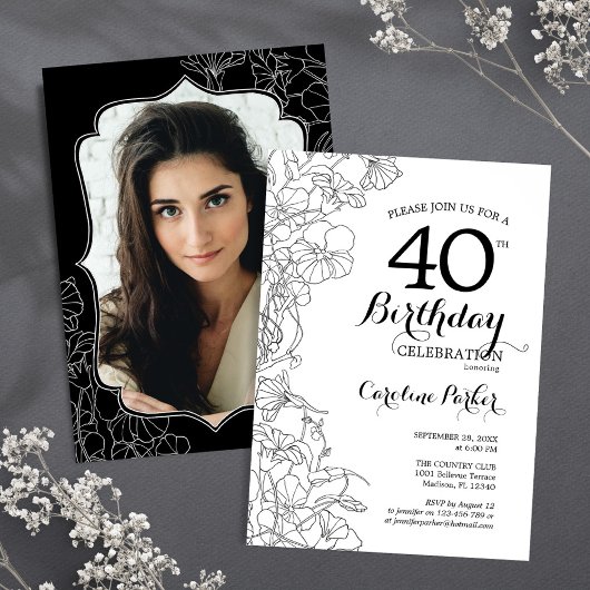 白黒フローラ写真40歳の誕生日パーティー 招待状