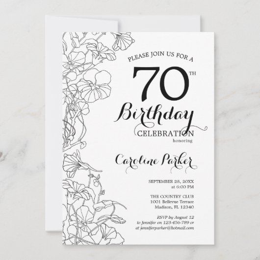 白黒フローラ写真70th誕生日パーティー 招待状 (正面)