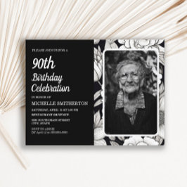 白黒フローラ女子写真90誕生日 インビテーションポストカード