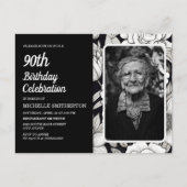 白黒フローラ女子写真90誕生日 インビテーションポストカード (正面)