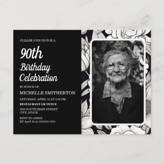 白黒フローラ女子写真90誕生日 インビテーションポストカード (正面)