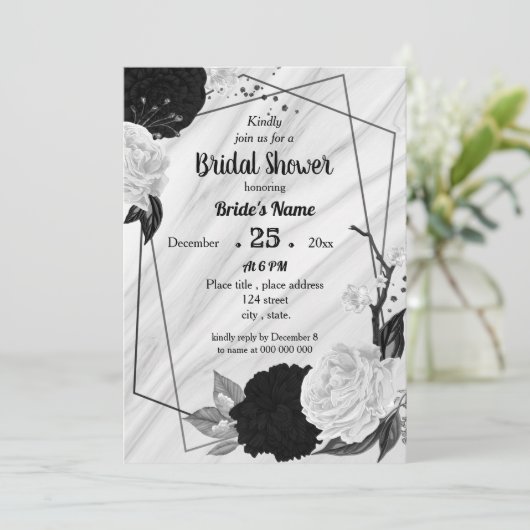 白黒フローラ幾何学的ブライダルシャワー 招待状 (スタンド正面)