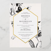 白黒フローラ幾何学的金ゴールド枠 箔招待状 (正面)